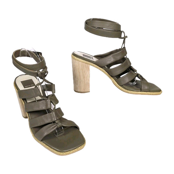 DOLCE VITA Grey Olema Block Heeled Sandal Leather Wrap Around Ankle Women's 9 - Picture 1 of 9